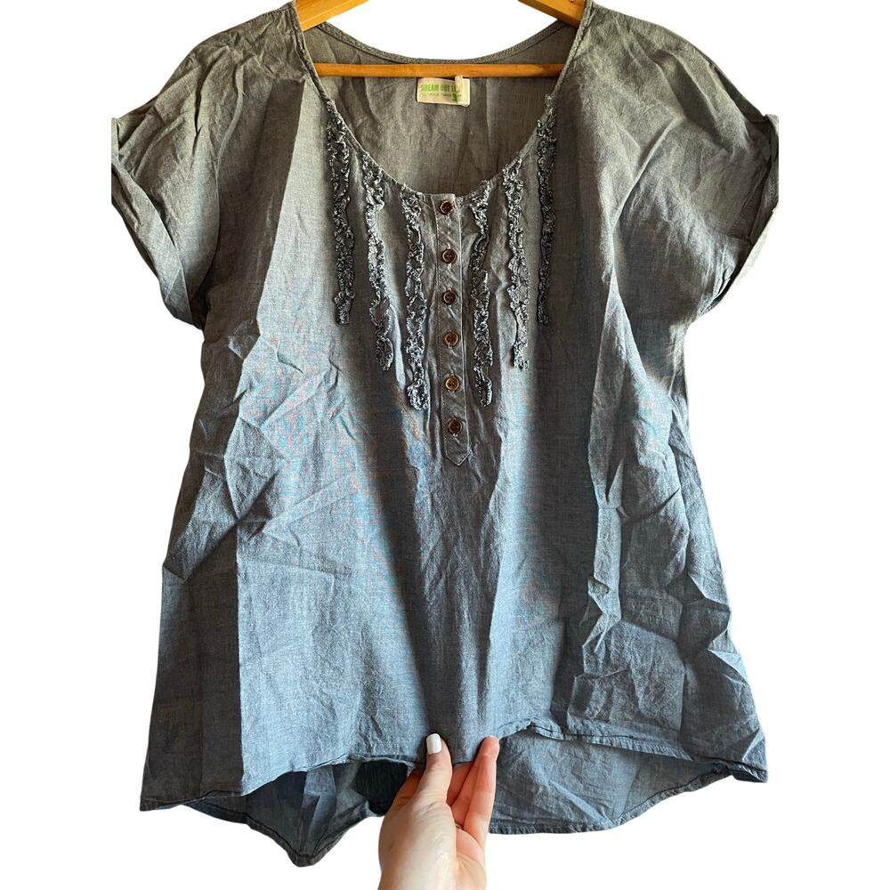 100% Cotton Blue Chambray Women’s Hi-Low Ruffle Top Cottagecore Coastal
